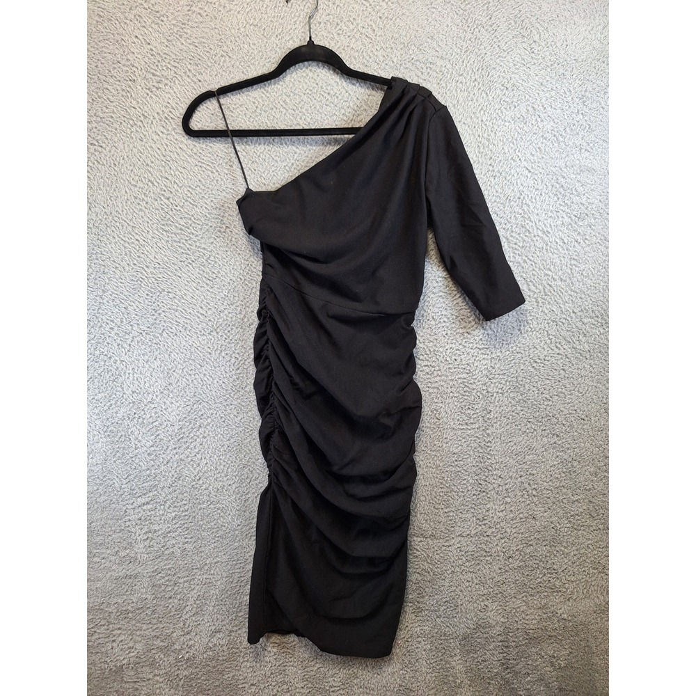 ALIEVA Dress Womens L Black One Shoulder Ruched Cocktail Party Chic Night Out